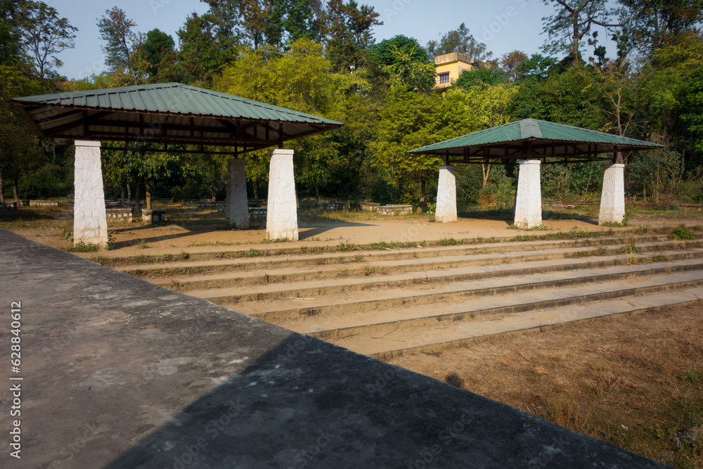 Pillar based canopy shelters in an outdoor park. Dehradun, India.
