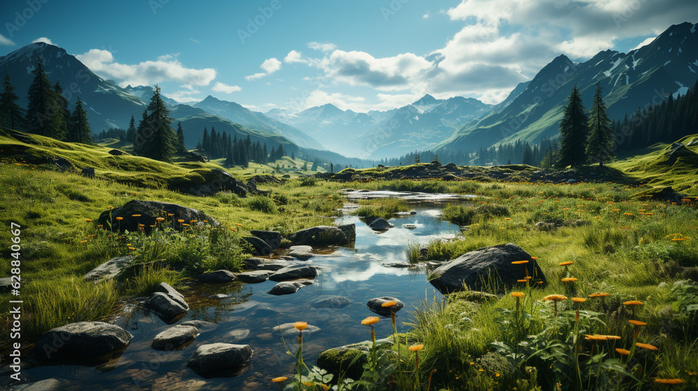 beautiful lake with mountains and forest, illustration.generative ai