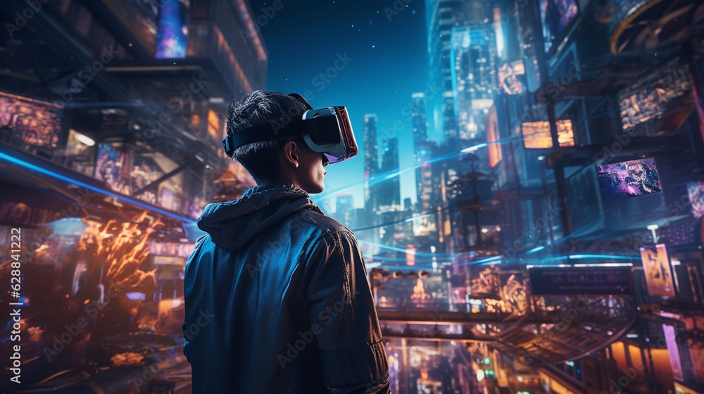 Young generation wearing VR Headset immerse in game simulator-metaverse and fantasy world, futuristic technology abstract shape Young generation wearing VR Headset immerse in game simulator-metaverse and fantasy world, futuristic technology abstract shape