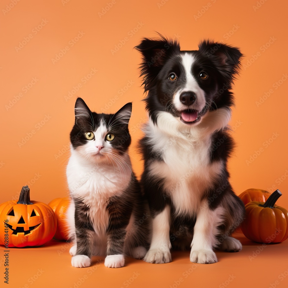 cat and dog, wearing costume for halloween. friend with orange backgound. halloween theme.