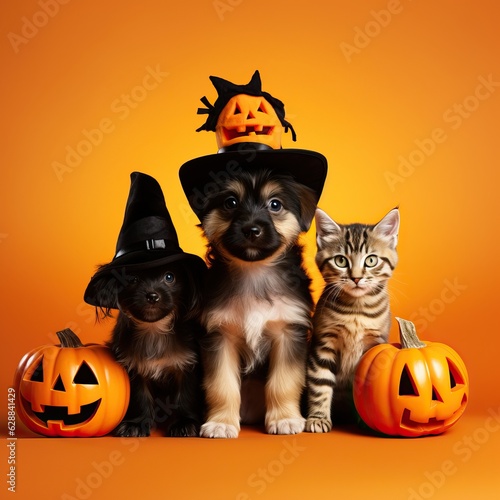 Fotobehang cat and dog, wearing costume for halloween