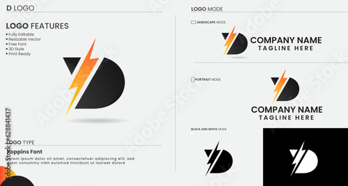D logo design. Flash D letter. Energy D logo. Power. Lettering design. Business. Modern. Premium template. Volt. Creative. Electricity power