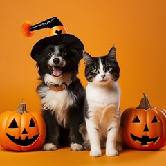 cat and dog, wearing costume for halloween. friend with orange backgound. halloween theme.
