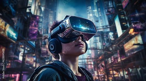 Young generation wearing VR Headset immerse in game simulator-metaverse and fantasy world, futuristic technology abstract shape