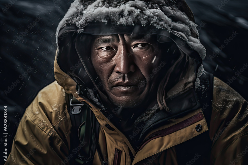 Portrait of a Nepalese Sherpa while climbing a mountain during a snow storm. Generative AI Portrait of a Nepalese Sherpa while climbing a mountain during a snow storm. Generative AI