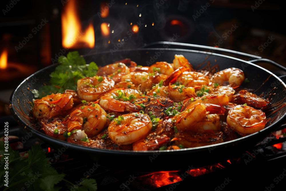 Shrimp fried in a frying pan with lemon, pepper, onion and parsley, cooking seafood with vegetables on fire with smoke Shrimp fried in a frying pan with lemon, pepper, onion and parsley, cooking seafood with vegetables on fire with smoke