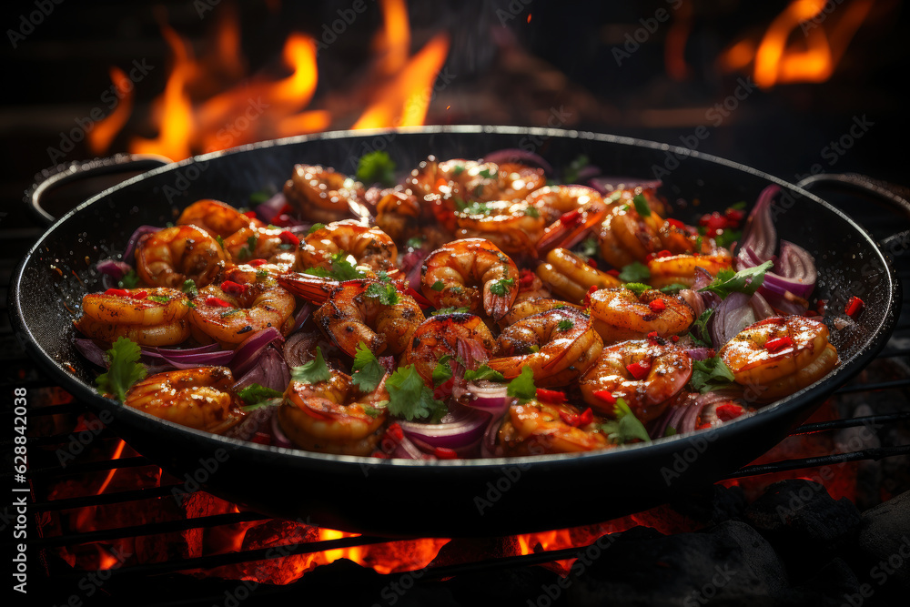 Shrimp fried in a frying pan with lemon, pepper, onion and parsley, cooking seafood with vegetables on fire with smoke