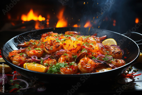 Shrimp fried in a frying pan with lemon, pepper, onion and parsley, cooking seafood with vegetables on fire with smoke