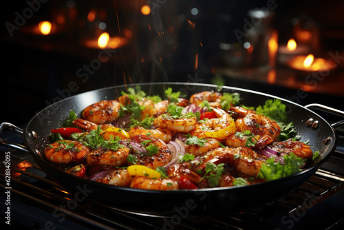 Shrimp fried in a frying pan with lemon, pepper, onion and parsley, cooking seafood with vegetables on fire with smoke