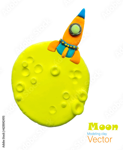 Vector, isolated figures of a Rocket on the moon, made of plasticine. Bright, funny, cute colors for the design and decoration of postcards, business cards, notebooks. A separate element for the