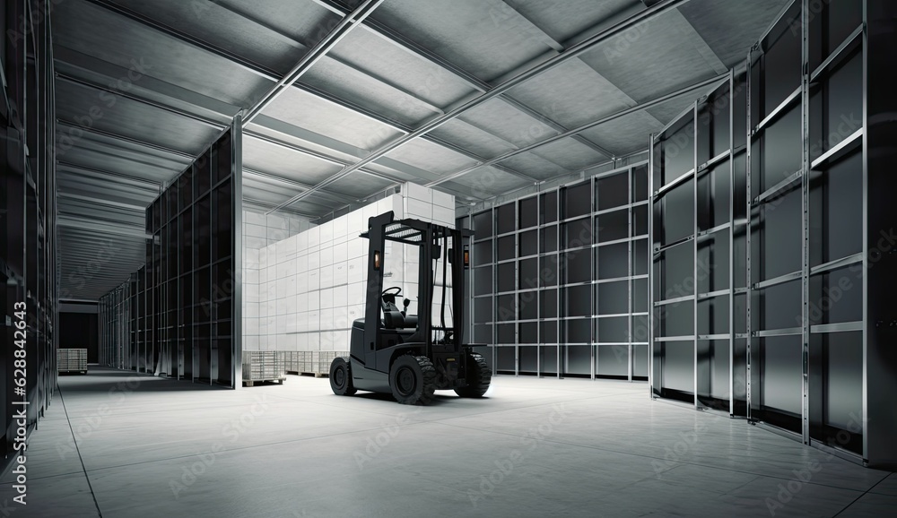 Forklift for loading pallets with packages in warehouse interior. Commercial distribution warehouse with shelves and boxes Forklift for loading pallets with packages in warehouse interior. Commercial distribution warehouse with shelves and boxes