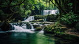 river with waterfall in beautiful green jungle forest