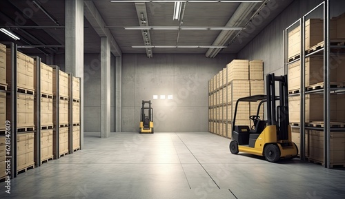 Forklift for loading pallets with packages in warehouse interior. Commercial distribution warehouse with shelves and boxes © Murda
