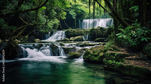 river with waterfall in beautiful green jungle forest