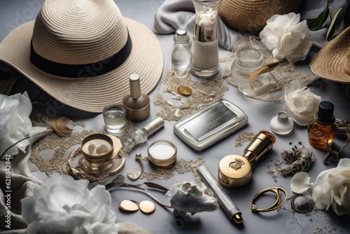 Flat lay with women's summer accessories on neutral background. Sunglasses, straw hat, lipstick, perfume bottle and red flower. Harsh shadows