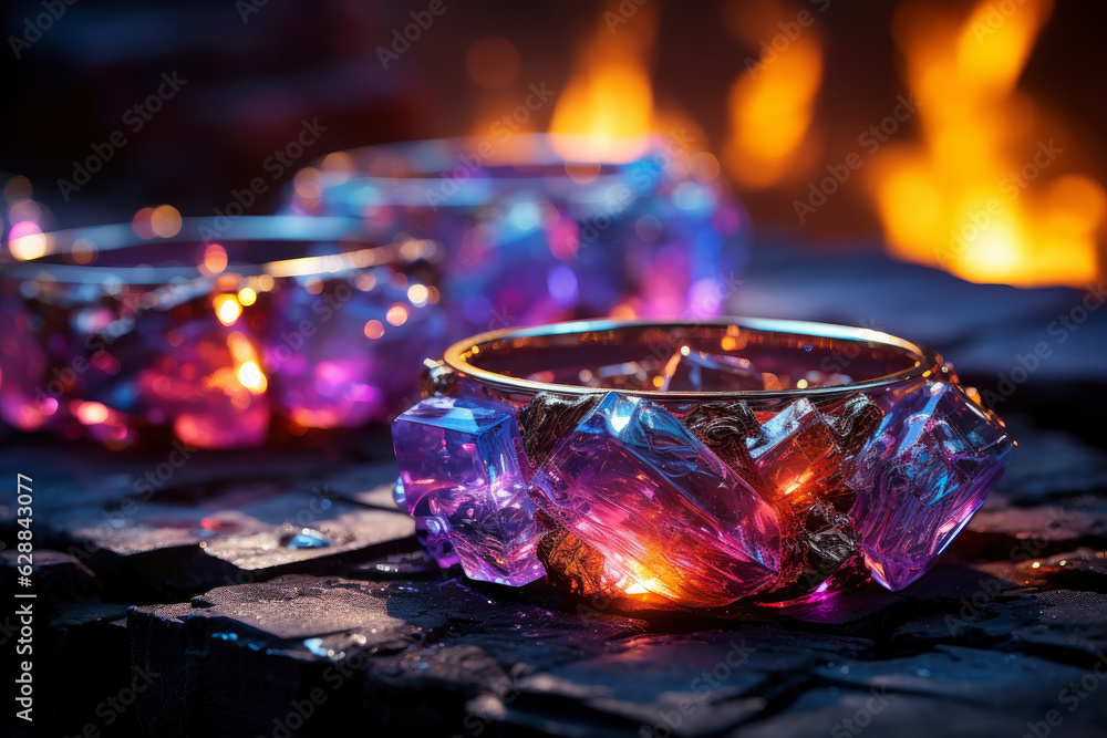 Magic ring made of precious metal with a large gemstone close-up, against the backdrop of a burning fire Magic ring made of precious metal with a large gemstone close-up, against the backdrop of a burning fire
