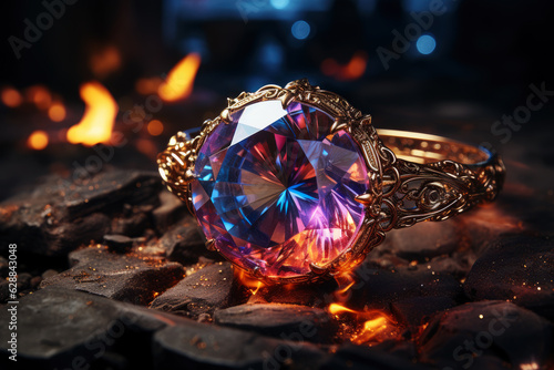 Magic ring made of precious metal with a large gemstone close-up