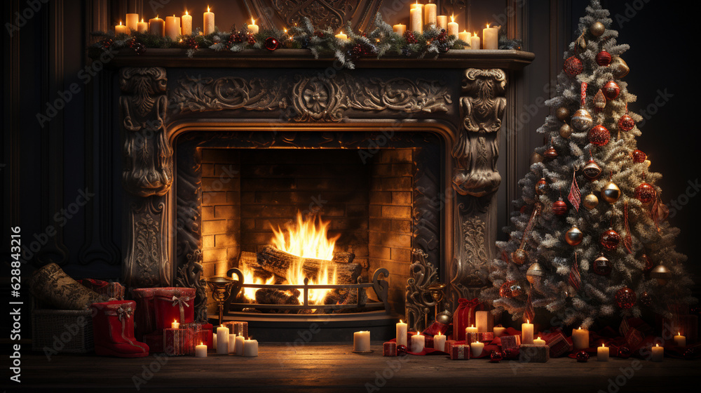 Christmas tree with fireplace and stockings for xmas promotion. Generative Ai