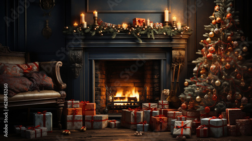 Christmas tree with fireplace and stockings for xmas promotion. Generative Ai