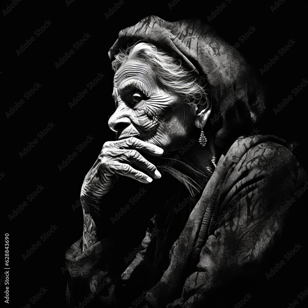 Black old woman in thinking and doubts monochrome illustration. Female character with dreamy face on abstract background. Ai generated black and white sketch poster.