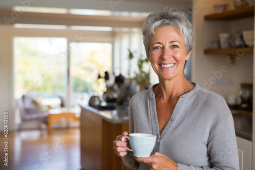 Woman smiling and holding a small cup of tea with a kitchen in the background