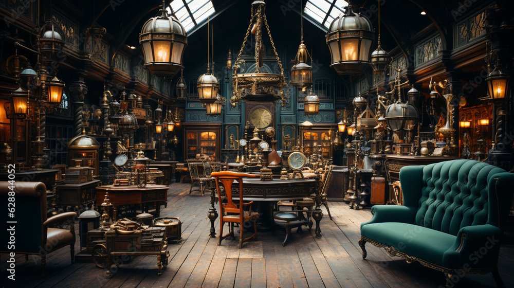 Interior of an antique store with old vintage classical objects and furniture. Generative Ai