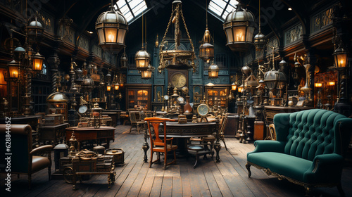 Interior of an antique store with old vintage classical objects and furniture. Generative Ai © andranik123