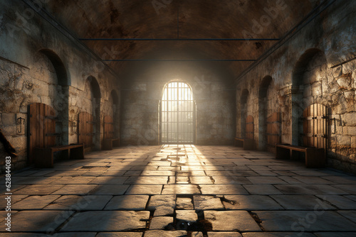 3D render of prison cell with rays from window. Generative AI