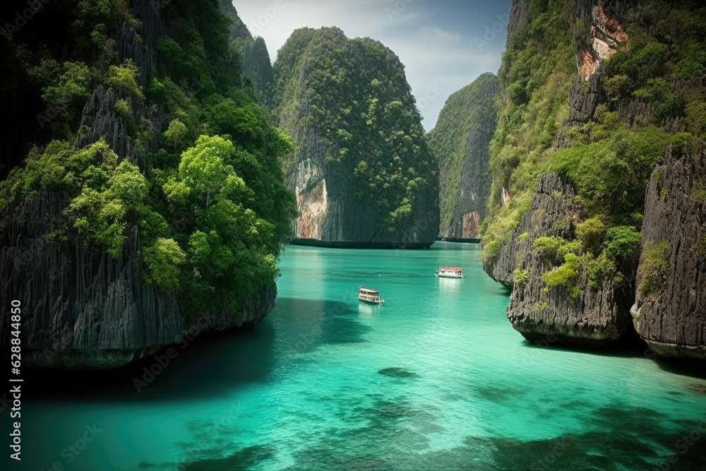 Koh Phi Phi Beach, Island Archipelago in Thailand, Crystal Waters and Longtail Boats - obrazy, fototapety, plakaty 