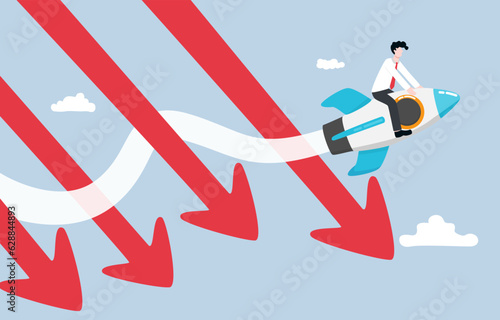 Business survival during recession, overcome difficulty in economic crisis, adaptation of company to cope with situation concept, Businessman riding rocket to avoid down arrows.  
