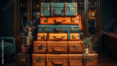 Vintage travel luxury luggage suitcases. Generative Ai