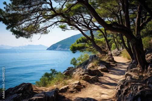Scenic coastal hiking trail with pine trees and ocean view