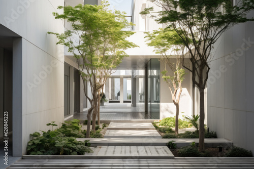 Modern Minimalist Courtyard with Trees and Glass Entrance © Florian