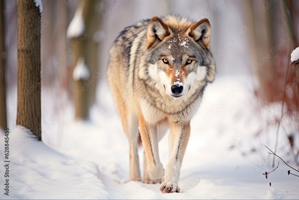 Wolf Walking in Winter Forest. Lonely White Wolf Stalking through Snow-Covered Woods. Wildlife and Animal Concept: Generative AI