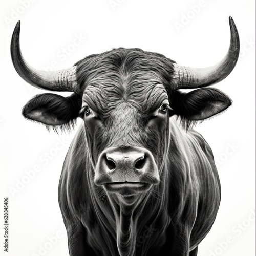 Powerful Black Camargue Bull Face Portrait on White Background: A Symbol of Farm Life and Bullfight in Spain: Generative AI