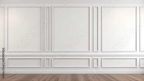 Three-Dimensional Wall Panels for Classic Modern Interior Architecture: Blank White Background with Molding and Wooden Floors. Business Mockup Render: Generative AI