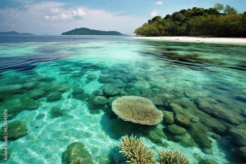 A Breathtaking Split View of a Tropical Island and Its Vibrant Coral Reef, Celebrating the Beauty of Nature Above and Below the Waterline