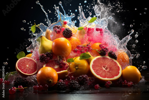 Fresh fruits with drops of juice and pulp exploding on black background  healthy eating concept