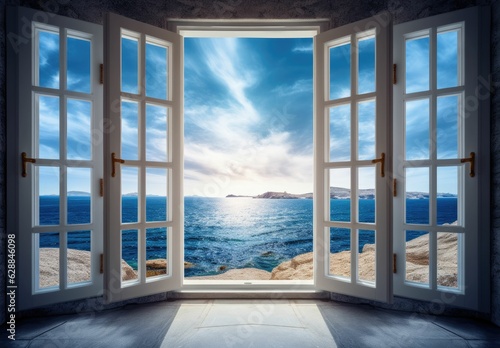 View from an open window with blue shutters of the Aegean sea, caldera, coastline