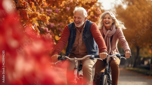 elder couple riding bikes in the park, an old couple riding a bicycle 