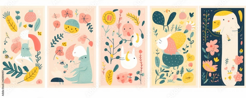 Baby posters and cards with animals and flowers pattern.  illustrations with cute animals. Nursery baby illustrations, Generative AI