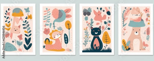 Baby posters and cards with animals and flowers pattern. illustrations with cute animals. Nursery baby illustrations, Generative AI