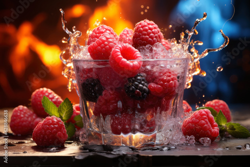 Ripe juicy tasty raspberries with juice splash on black background