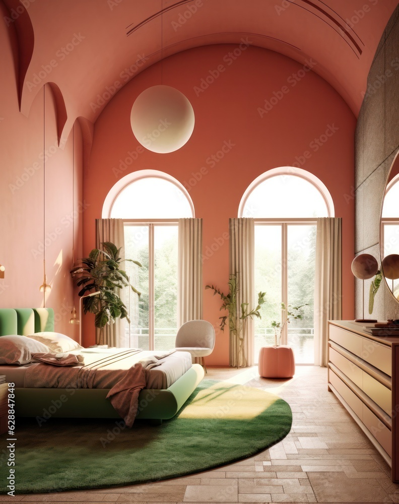 Lounge area with chairs and sofa, couch minimalist style, concept with calm colors and round architecture. 3d render Lounge area with chairs and sofa, couch minimalist style, concept with calm colors and round architecture. 3d render