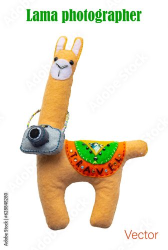 Llama animal embroidered from felt, isolated figure, traveler photographer, toy symbol, cute vector