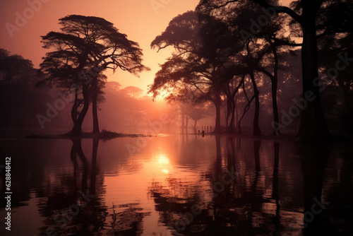 A beautiful sundown over a lake in the early fall. Generative AI.