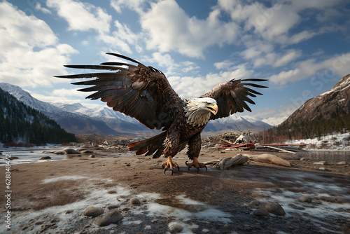 A powerful bald eagle soaring through nature with wings spread. Generative AI
