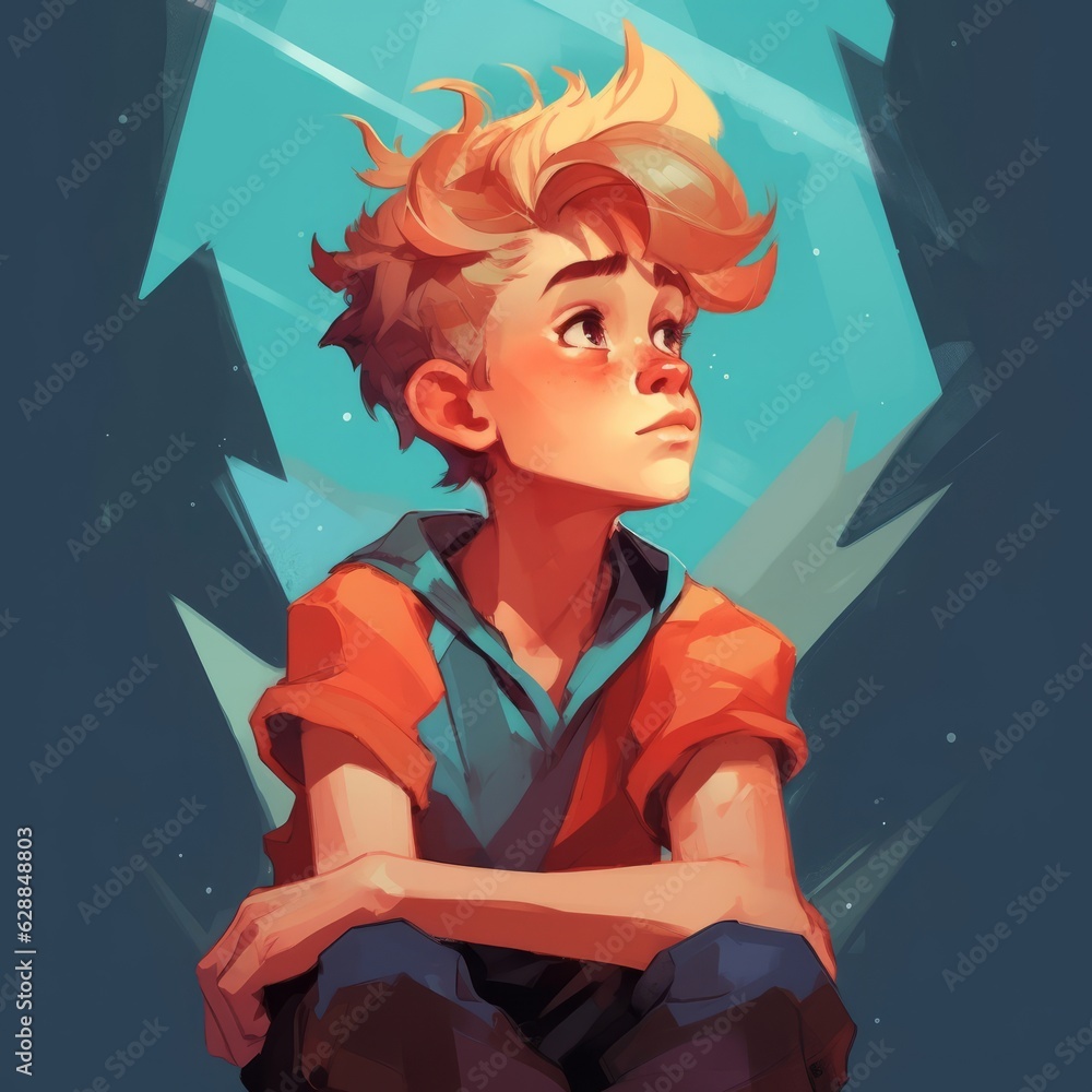 White boy in thinking and doubts pose cartoon illustration. Young male character with dreamy face on abstract background. Ai generated bright cartoonish poster.