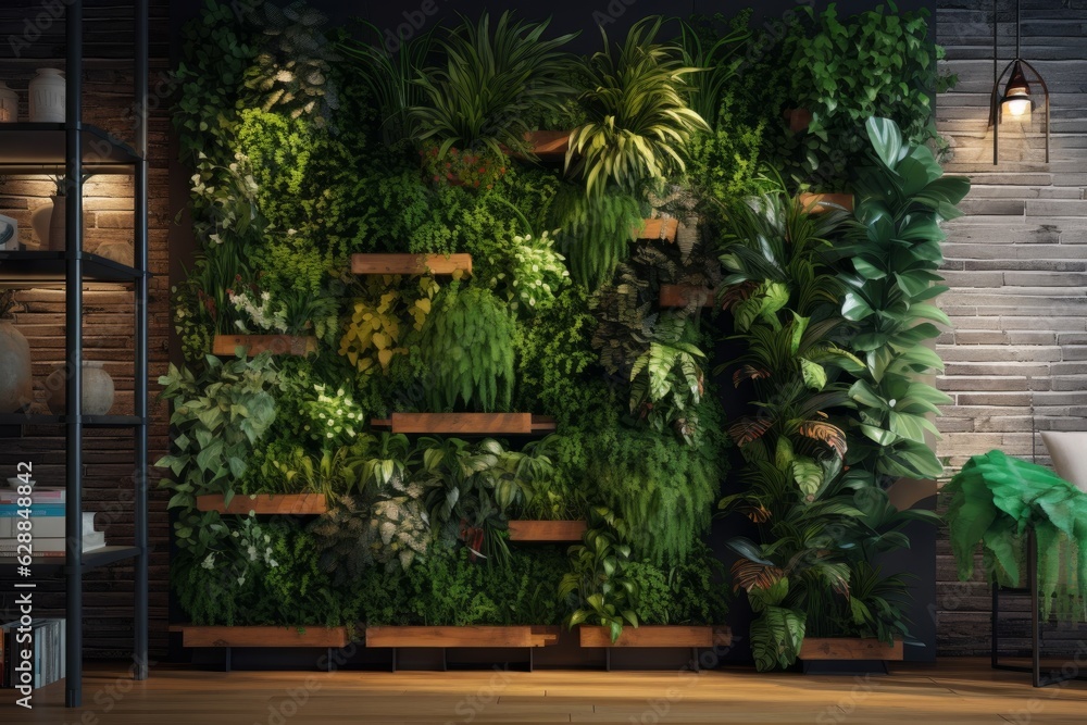 Stylish home interior with background from leaves and plants. Plant wall with lush green colors