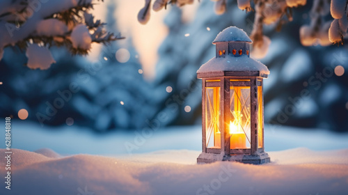 Christmas Lantern On Snow With Fir Branch in the Sunlight, Winter Decoration Background
